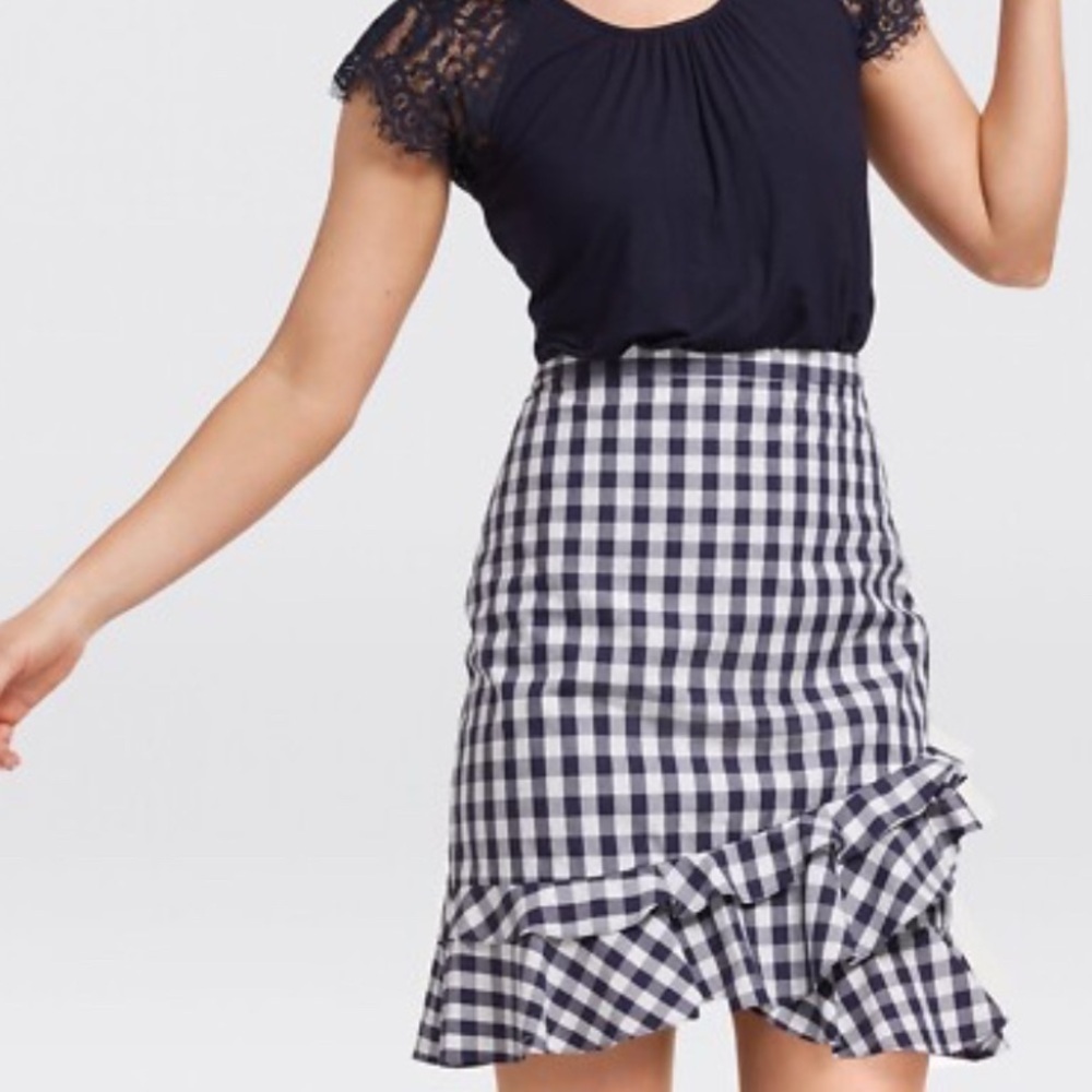 Draper James Navy and White Gingham Ruffle-Hem Mini Skirt